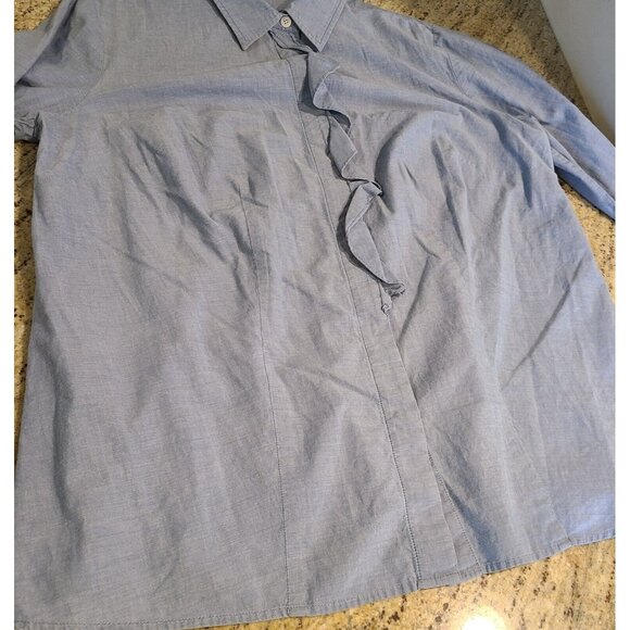 Talbots Top Women Sz 14 Blue Chambray Button Shirt Ruffle Front Roll Tab Sleeve - Picture 5 of 12